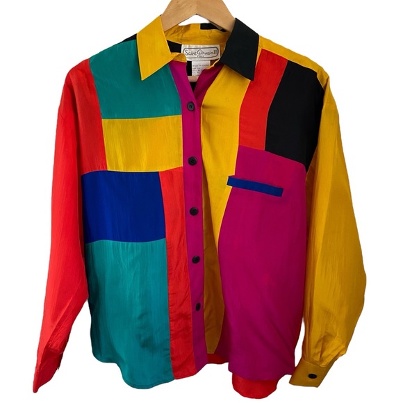 St. Germain II Tops - Vintage St. Germain II Silk Colorful Patchwork Button-Up Shirt